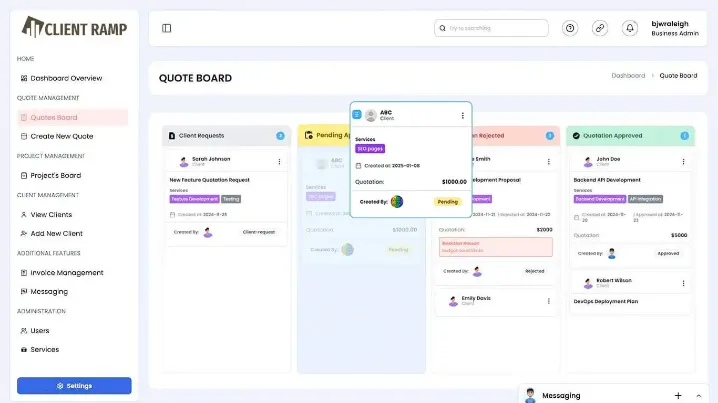 Interface showing how to create and track project quotes, monitor status, and automate follow-ups.