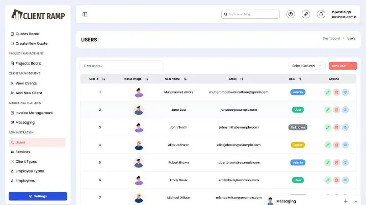 Client management screen showing contact details, project history, and communication logs.